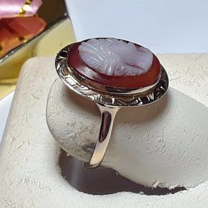 Antique 14X10mm Natural Cameo dropped etched edge 10Kt Yellow Gold Ring #17119